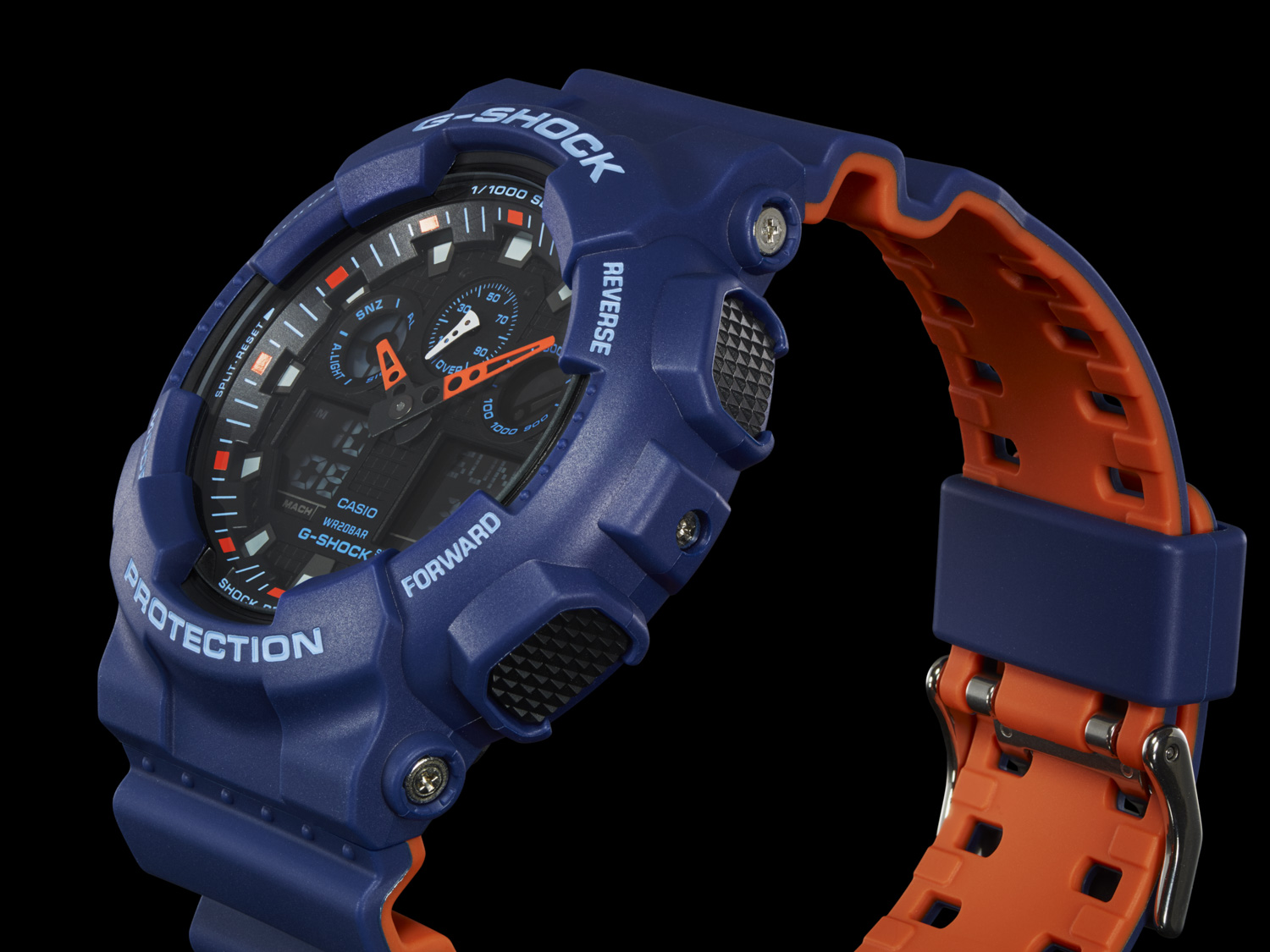 Zegarek G-SHOCK GA-100 pokazany lewym bokiem w kolorze niebiesko pomarańczowym