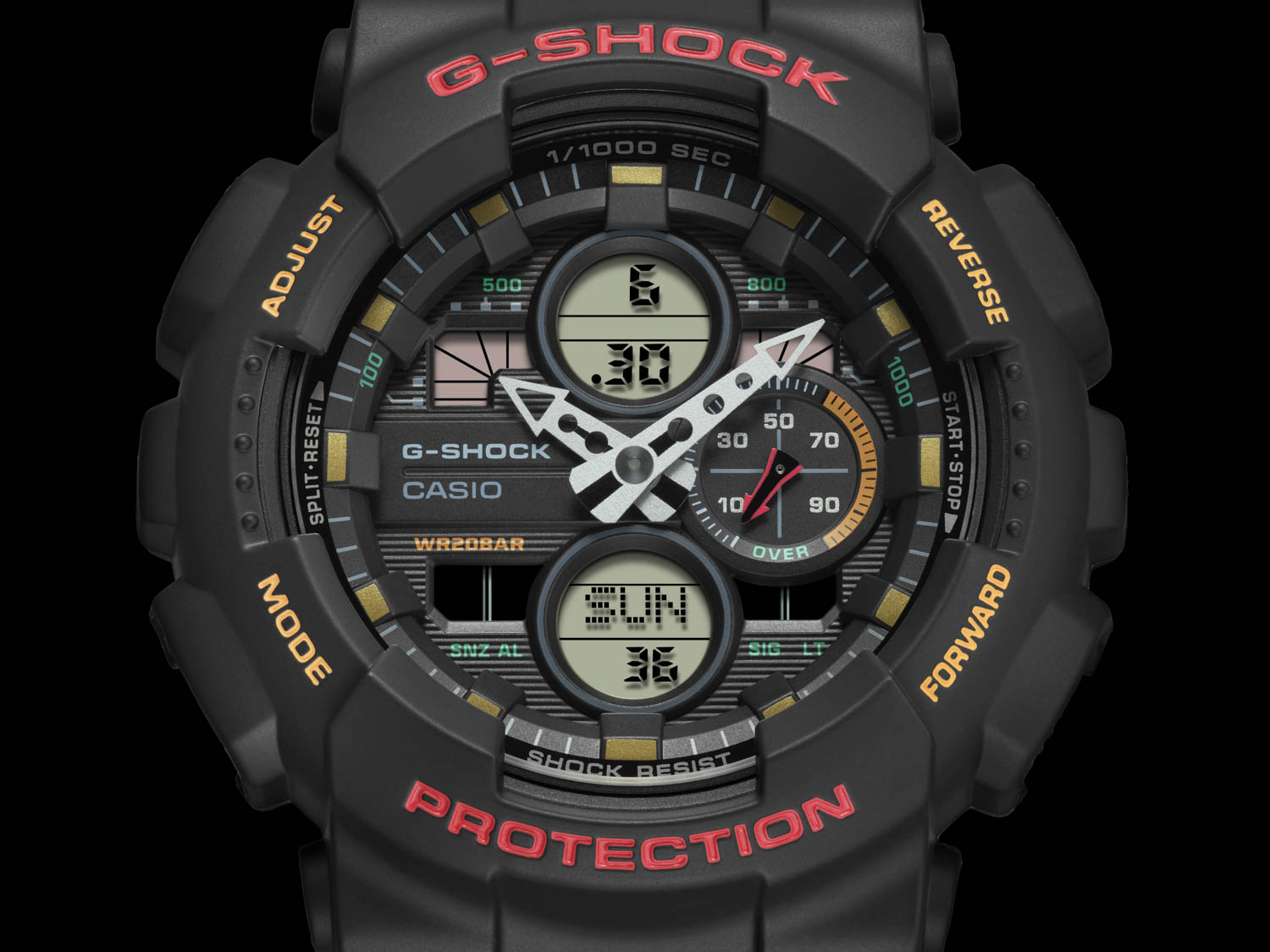 Tarcza zegarka G-SHOCK GA-140 w przybliżeniu