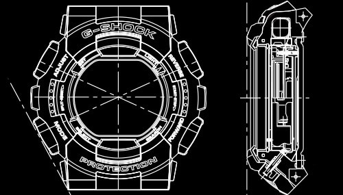 Szkic obudowy zegarka G-SHOCK od frontu i z boku