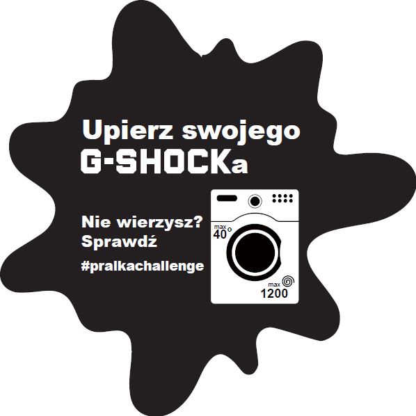 Grafika w kształcie plamy, która zachęca do prania zegarka G-SHOCK i zawiera instrukcje prania